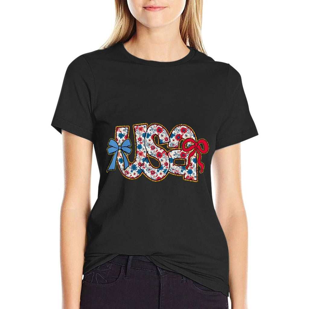 Coquette Bow 4th Of July USA Floral USA For Women Girls  Affordable Price T-Shirt