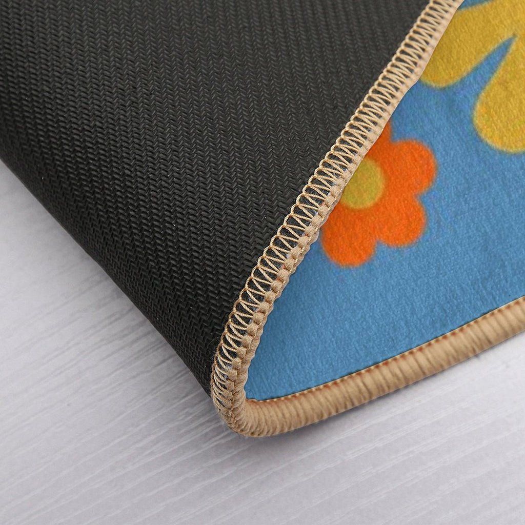 Retro Modern Scandi Flower Grid Pattern Blue Green Mustard Orange Beige  Easy Maintenance Bath Mat