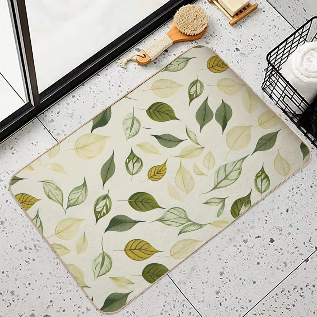 Luciana - Watercolor Leaf Leafs Abstract Painting Pattern in Green, Black, Brown, White Yellow, Blue, Cream, Light  Dirt-Trapping Bath Mat