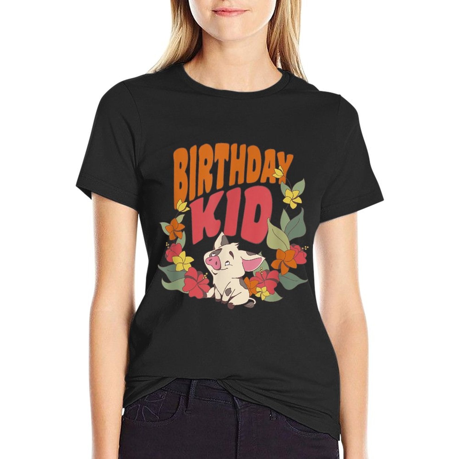 Disney Moana Birthday Kid Pua Floral Portrait  Polyester Blend T-Shirt