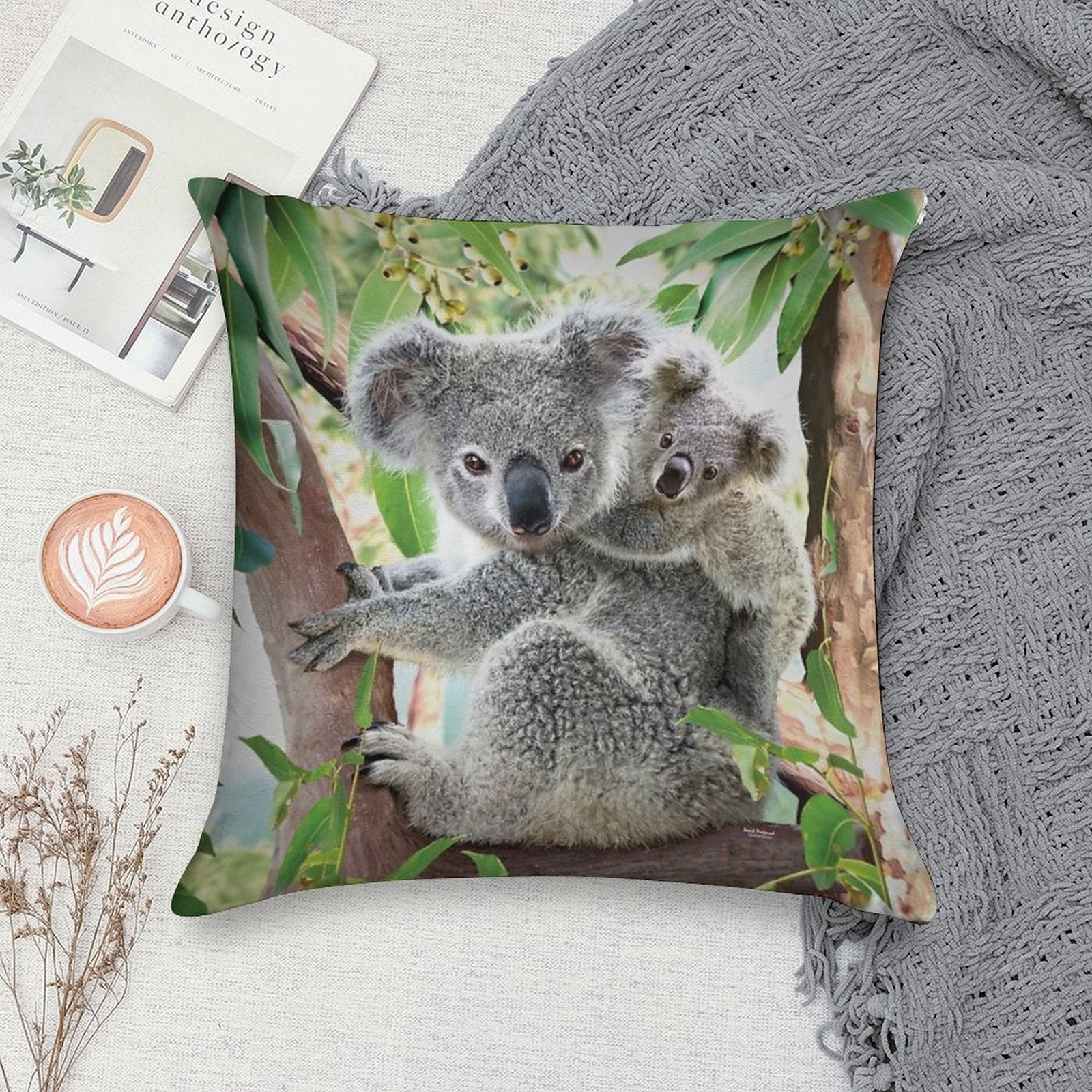 Koala Cuddles Soft Hidden Zipper Throw Pillow