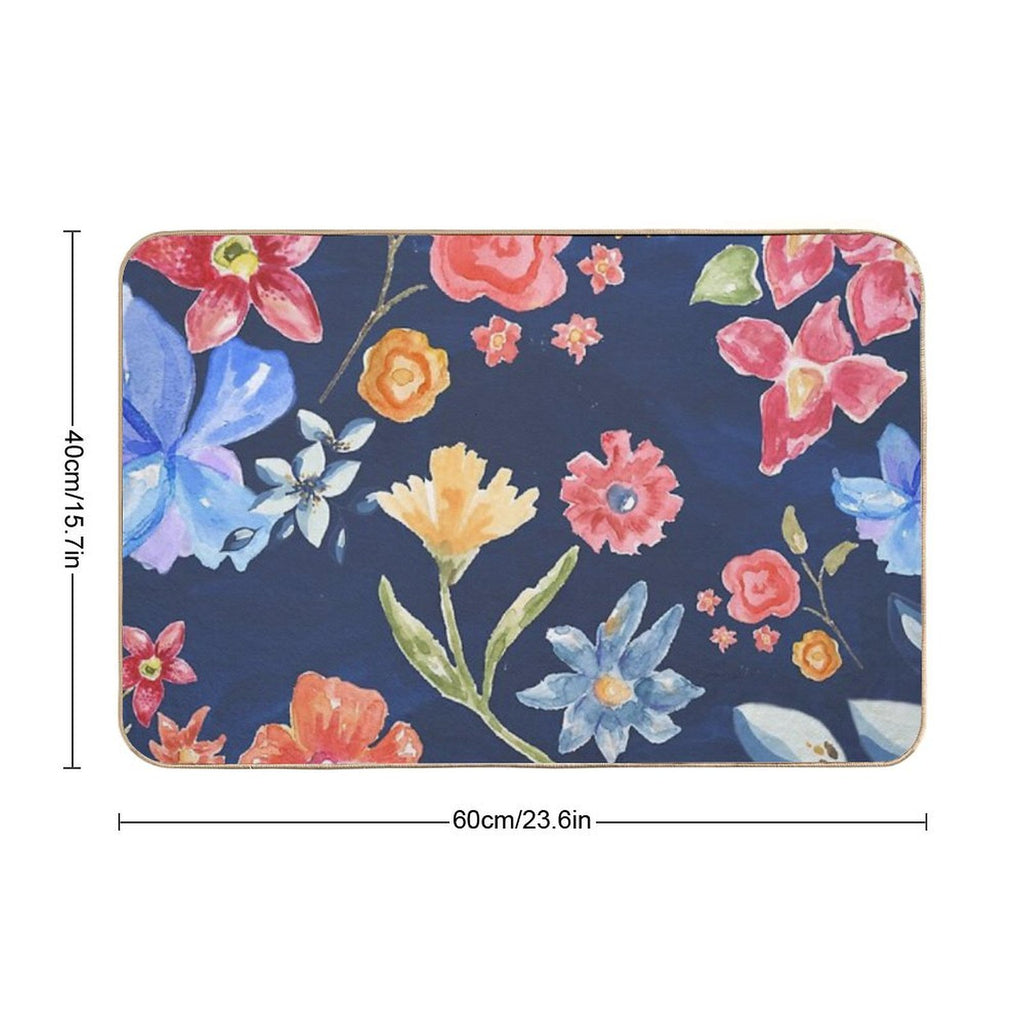 Navy Blue with Colorful Flowers  Whimsical  Fun  Floral Design  Dirt-Trapping Bath Mat