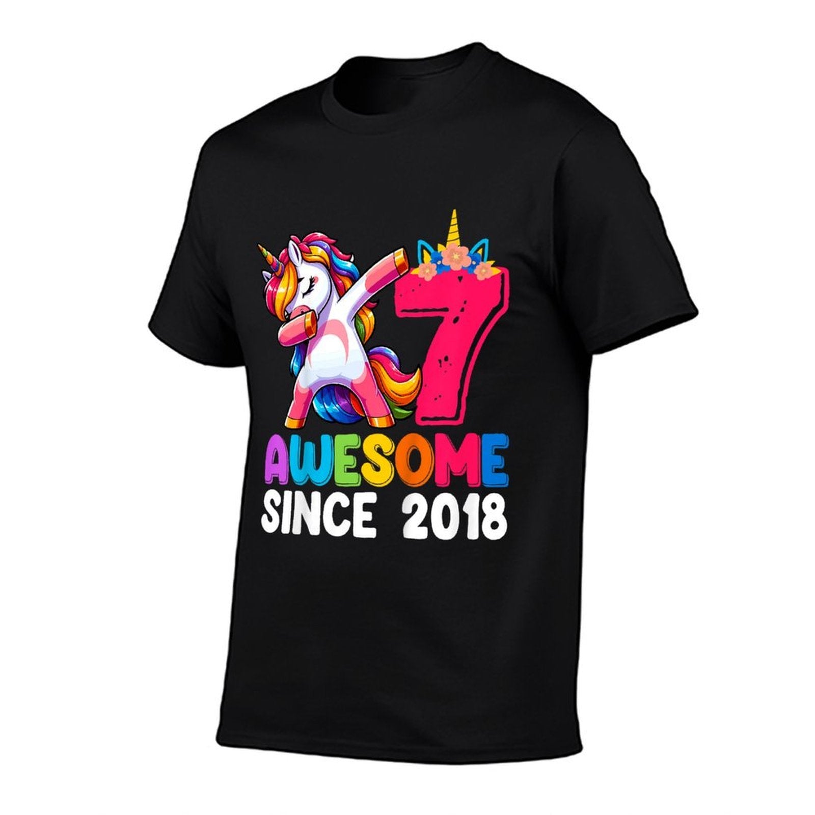 Kids Awesome Since 2018 Dabbing Unicorn Girls 7 Year Old Birthday  Rolled Sleeves T-Shirt
