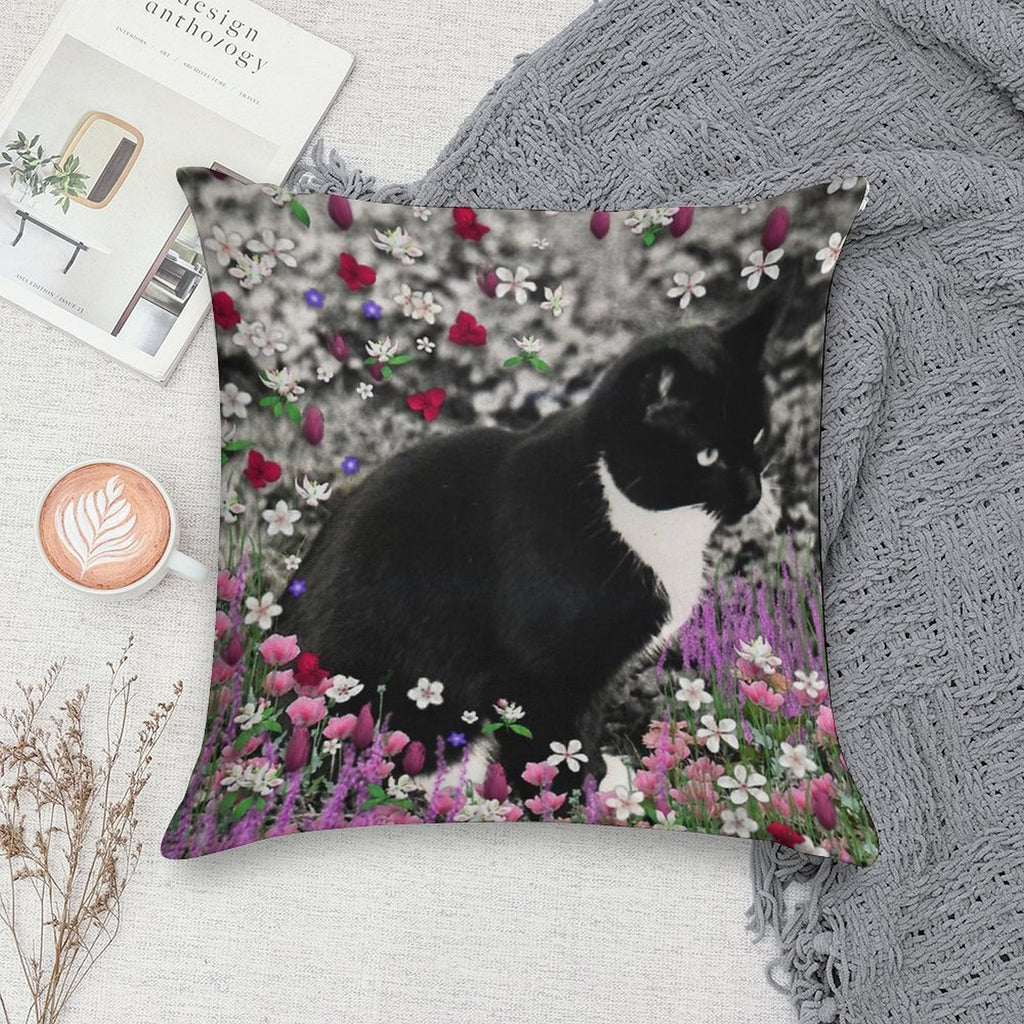 Freckles in Flowers II - Tuxedo Cat Soft Short Plush Fabric Throw Pillow