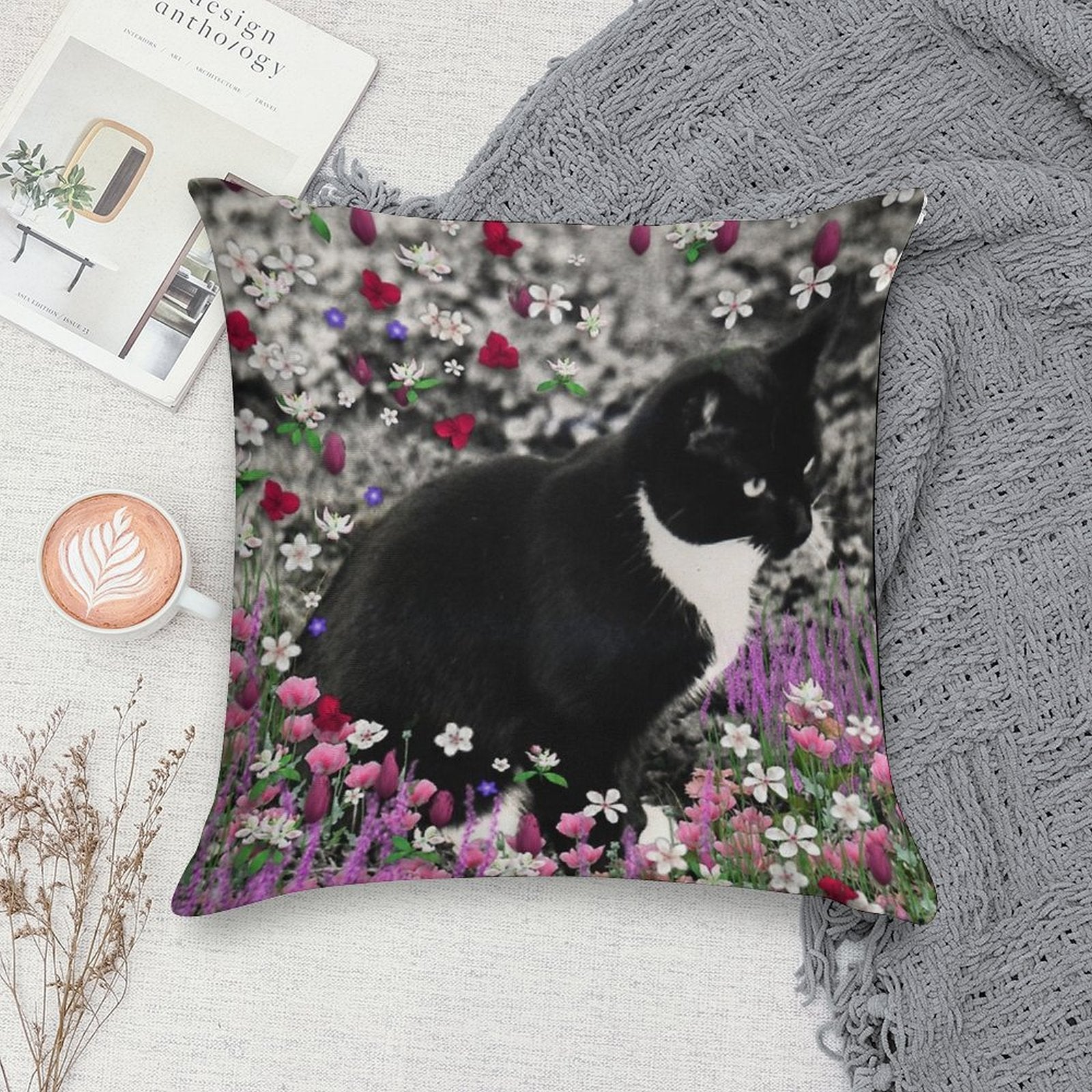 Freckles in Flowers II - Tuxedo Cat Soft Short Plush Fabric Throw Pillow