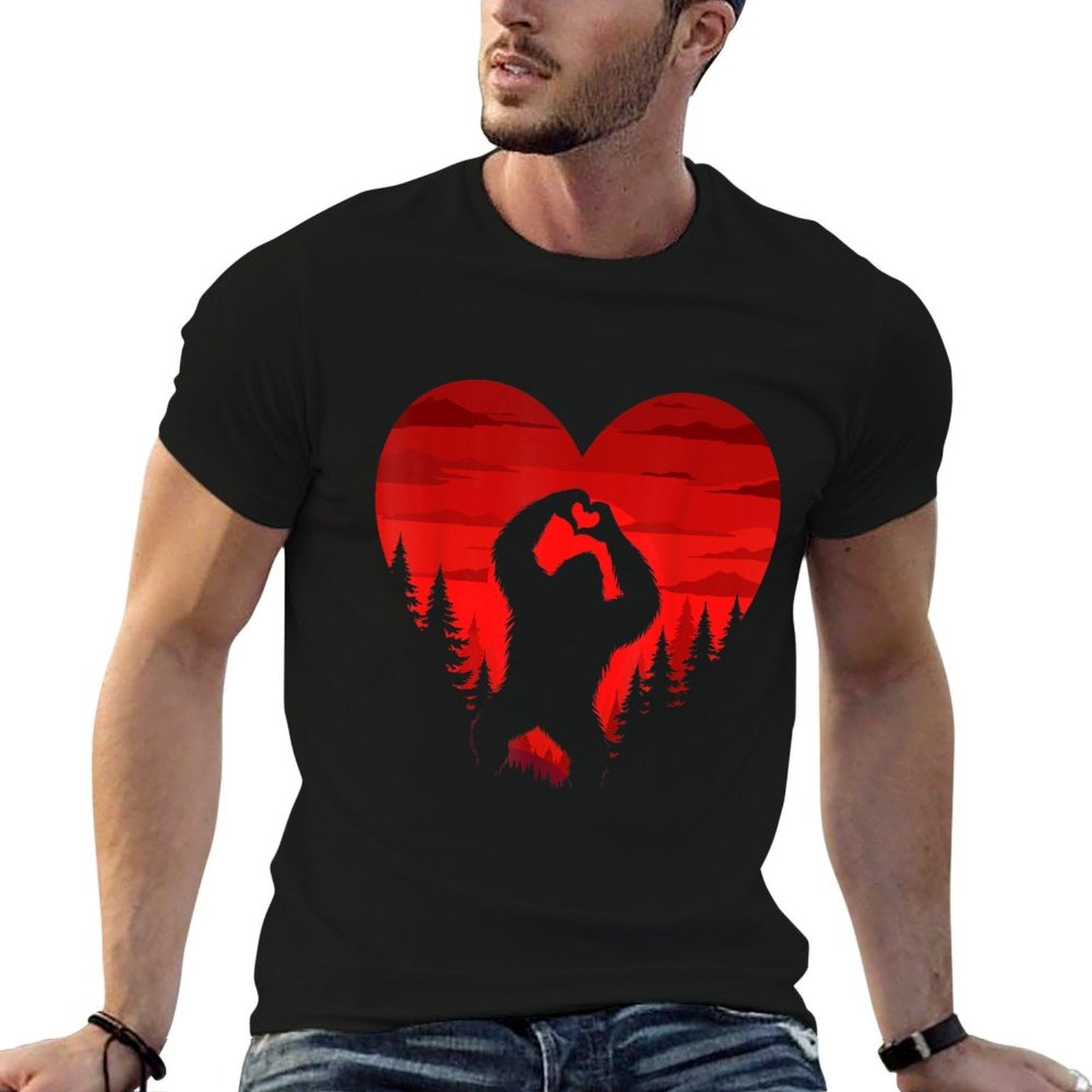 Bigfoot Heart Valentine Day Sasquatch Retro Landscape Forest  Stretchy T-Shirt