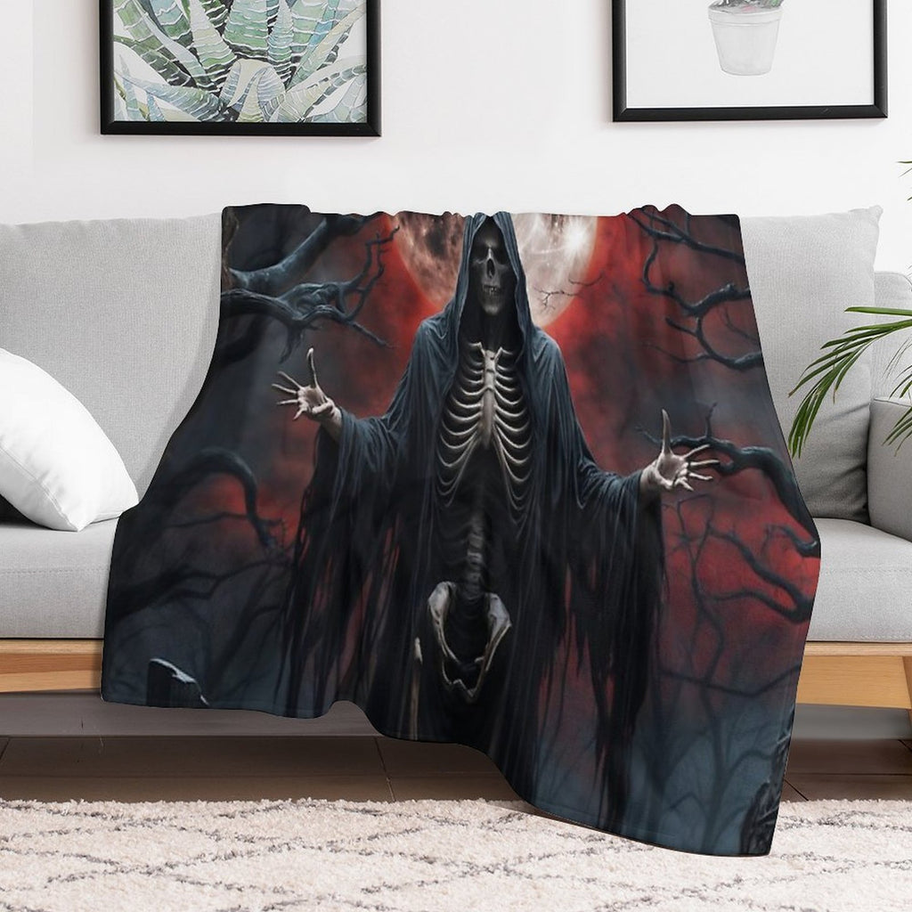 Grim Reaper Under Blood Moon in Haunted Graveyard Shrink-resistant Throw Blanket