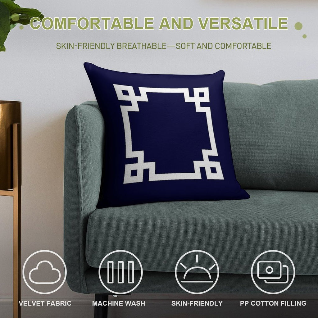 Greek Key Square White On Navy Blue Soft Short Plush Fabric Throw Pillow