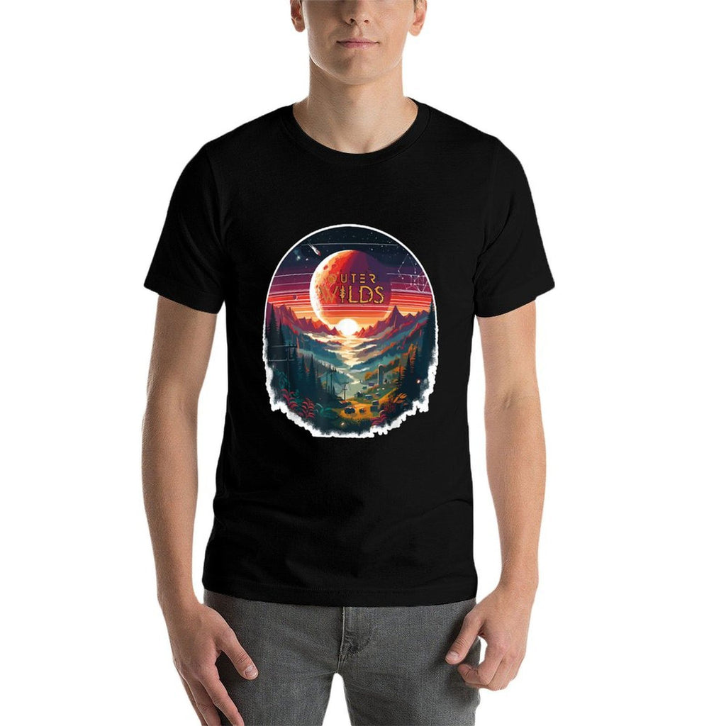 Outer Wilds Text Moon Mountain Forest Tree House Sun  Oversized Silhouette T-Shirt