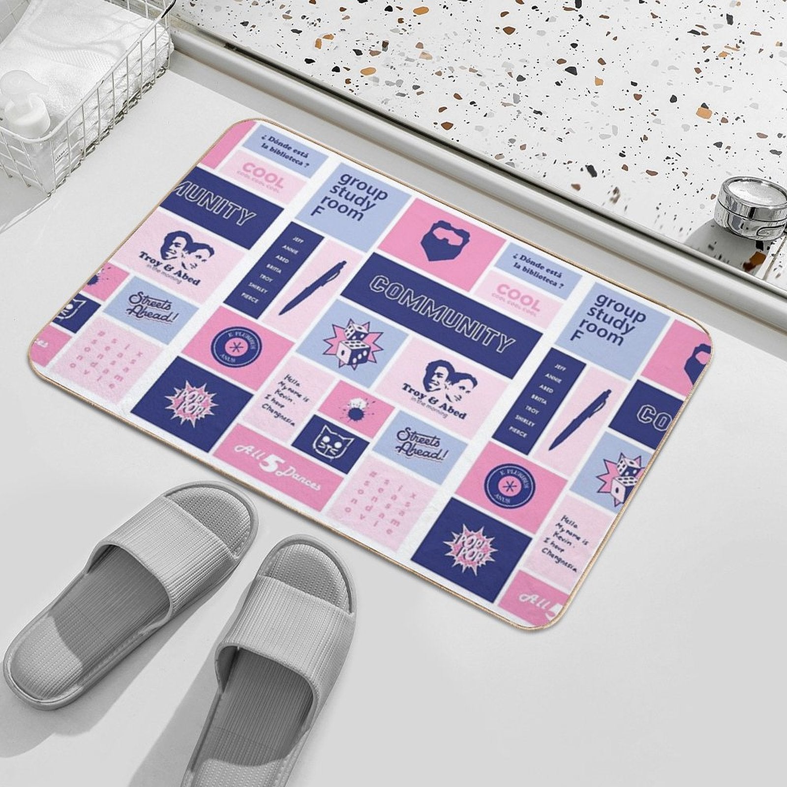 Community Collage Pink  Blue  Absorbent Bath Mat