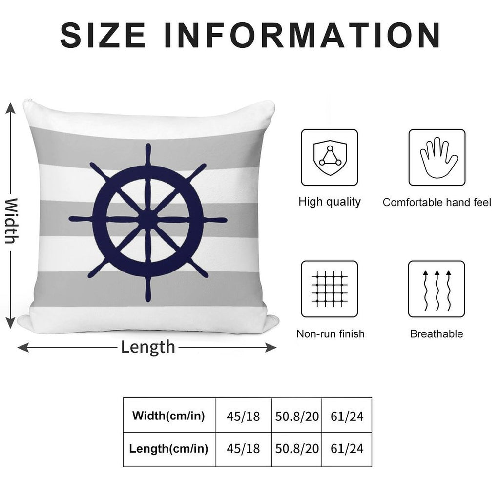 Nautical Navy Blue Ship's Steering Wheel On Silver Gray Stripes Soft Short Plush Fabric Throw Pillow