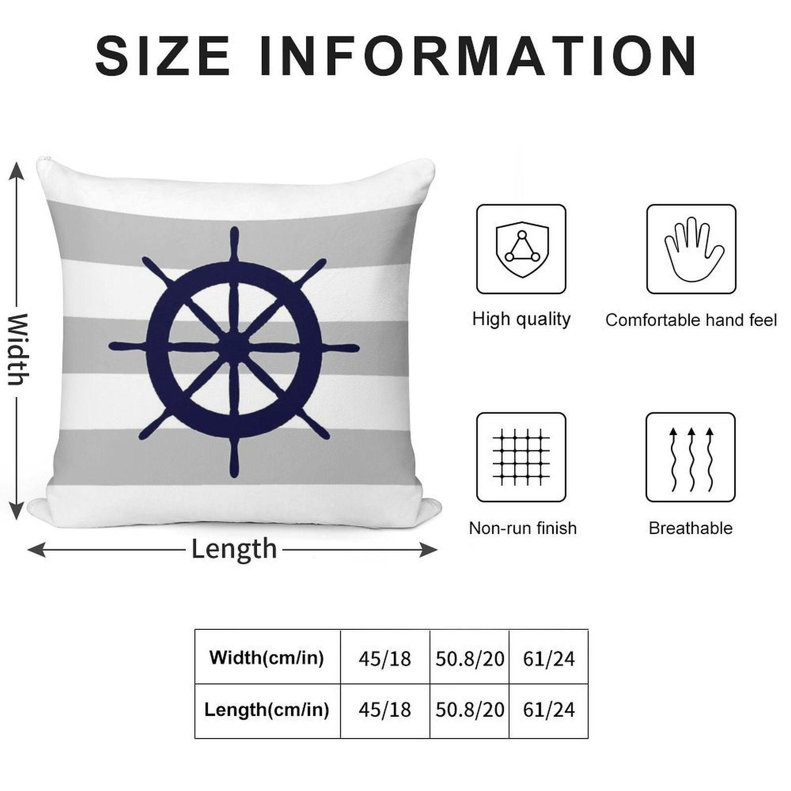 Nautical Navy Blue Ship's Steering Wheel On Silver Gray Stripes Soft Short Plush Fabric Throw Pillow