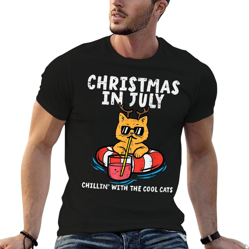 Christmas In July Chillin Cool Cats Funny Meowy Xmas Summer  Ribbed Collar T-Shirt