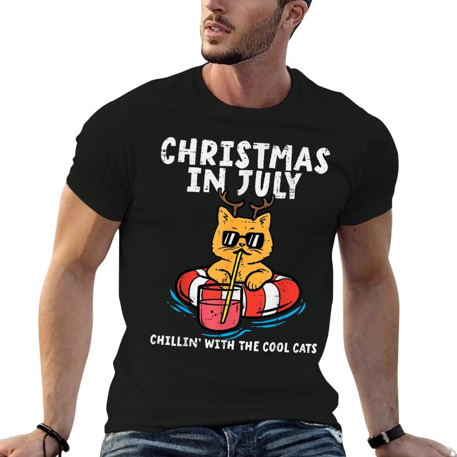 Christmas In July Chillin Cool Cats Funny Meowy Xmas Summer  Ribbed Collar T-Shirt