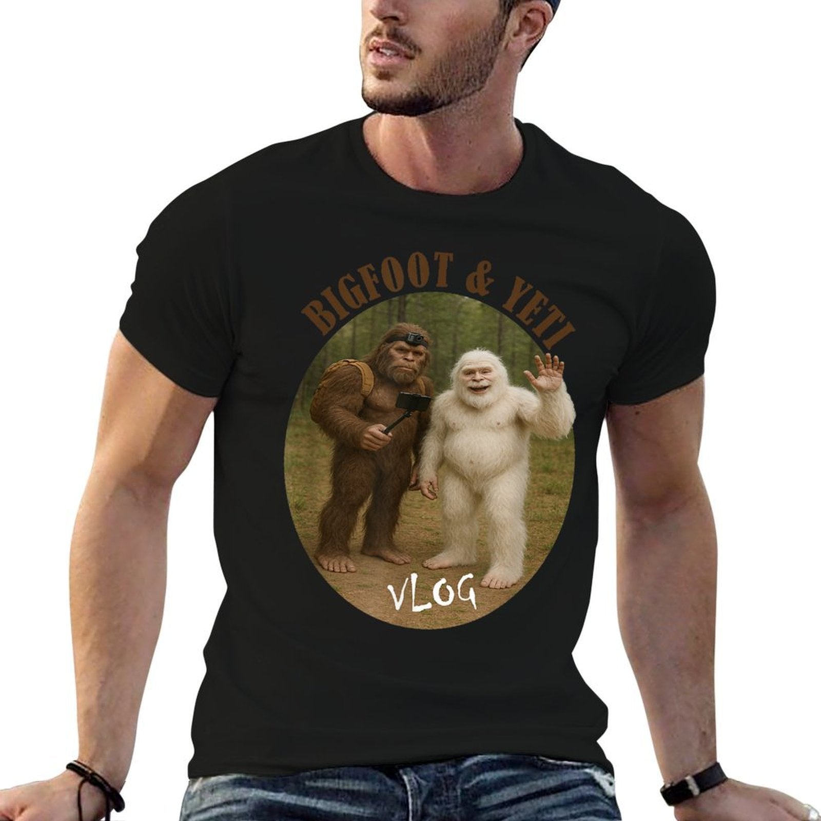 Bigfoot And Friend Vlog Funny Meme Hiking Selfie Stick  Slim-fit Cut T-Shirt