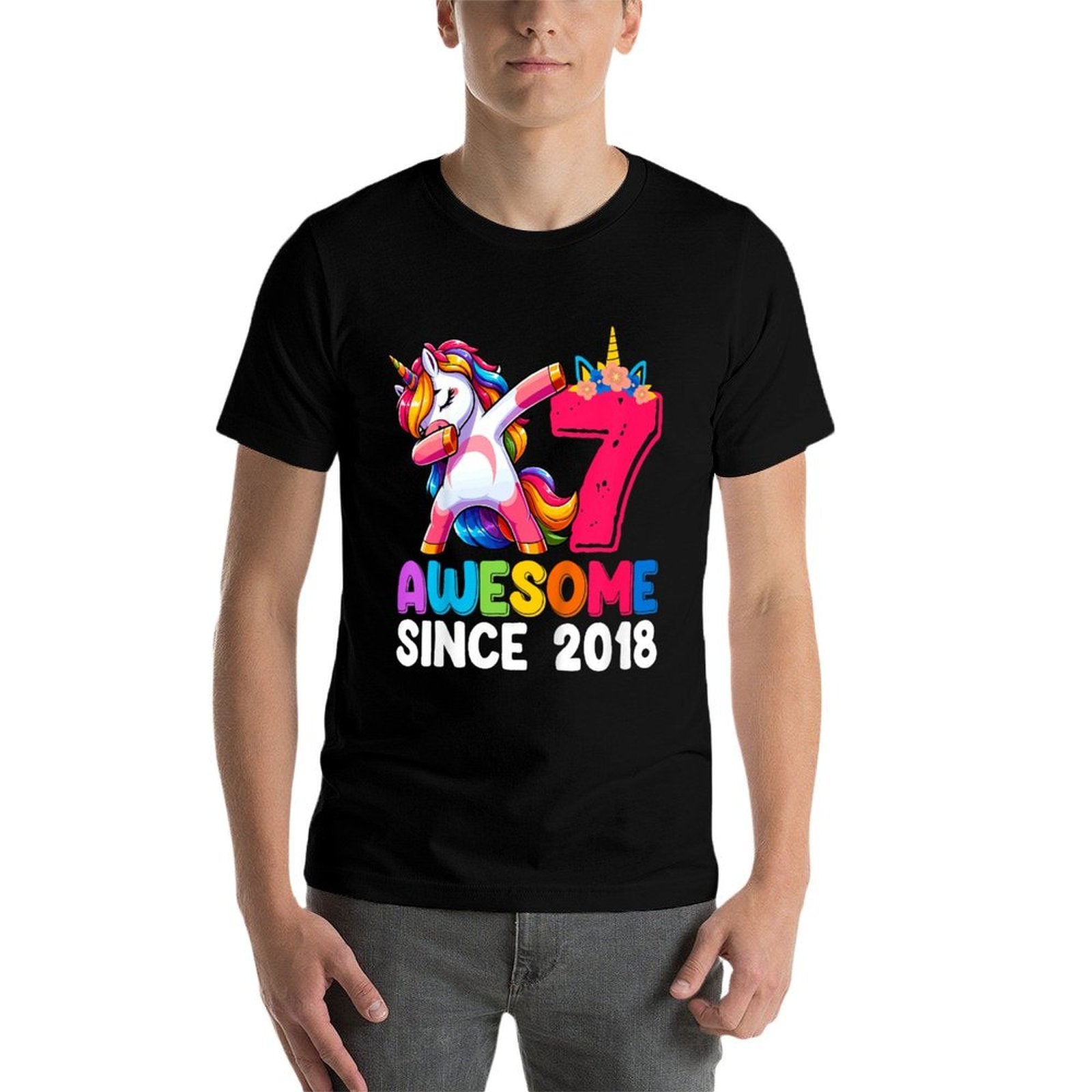 Kids Awesome Since 2018 Dabbing Unicorn Girls 7 Year Old Birthday  Rolled Sleeves T-Shirt