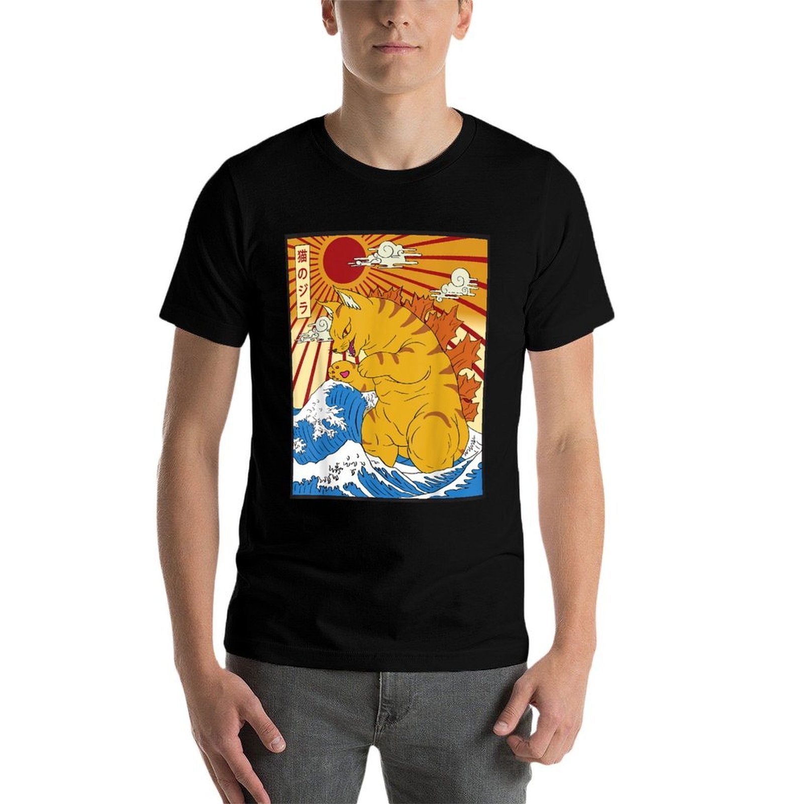 Catzilla Cat Japanese Anime Kawaii Funny Graphics Men  Eco-friendly Material T-Shirt