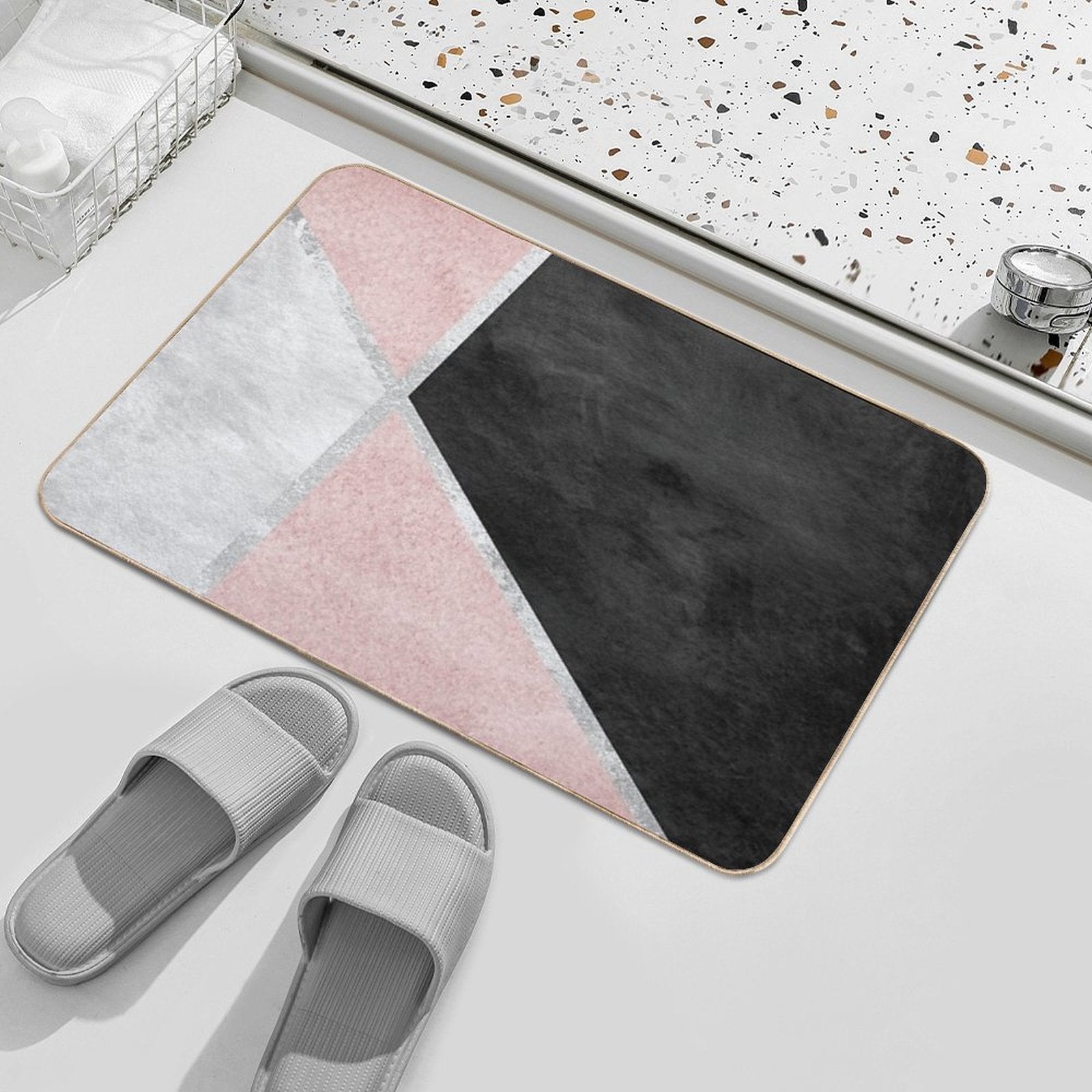 Pink, Silver And Black Geometric Design  Absorbent Bath Mat