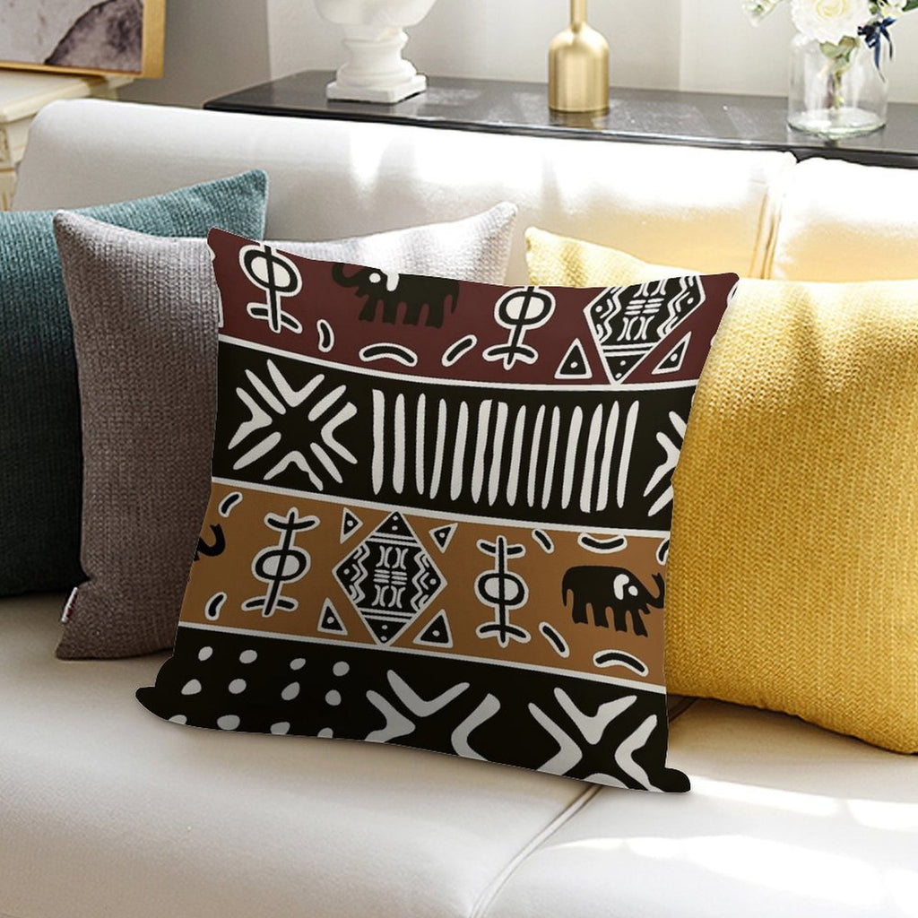 African Mud Cloth with Elephants Soft Durable Construction Throw Pillow