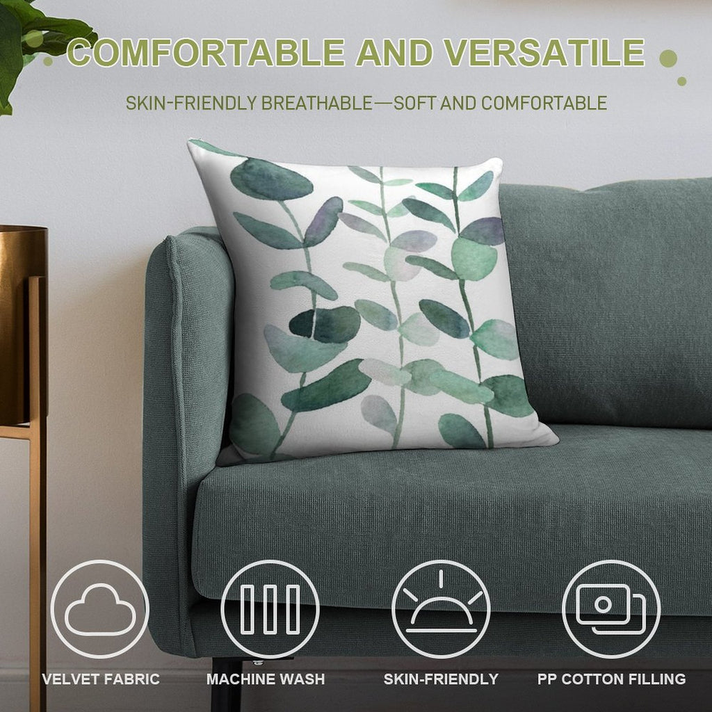 Watercolor, Eucalyptus, Leaves, Botanical, Painting, Green Soft Bedroom Essential Throw Pillow