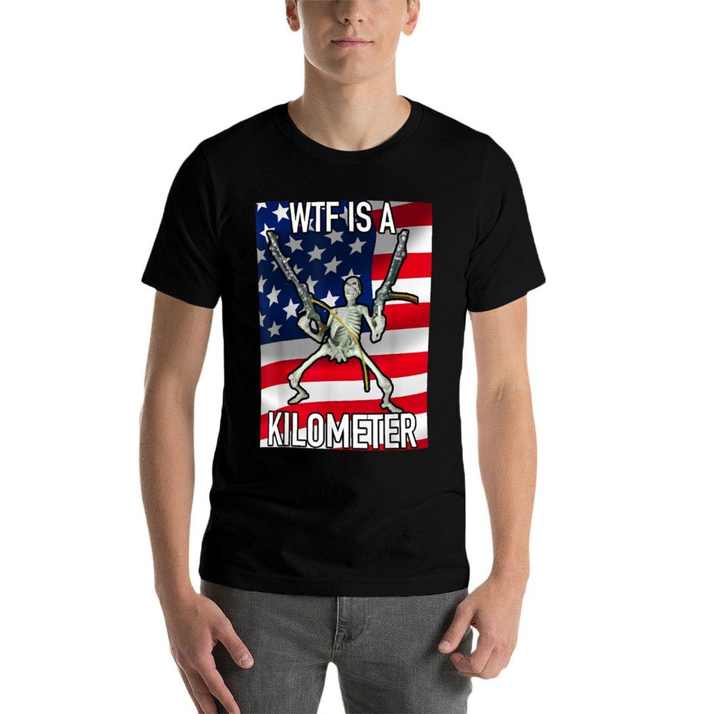 WTF Is A Kilometer July 4th Skeleton Funny Cringey USA Meme  Ribbed Collar T-Shirt