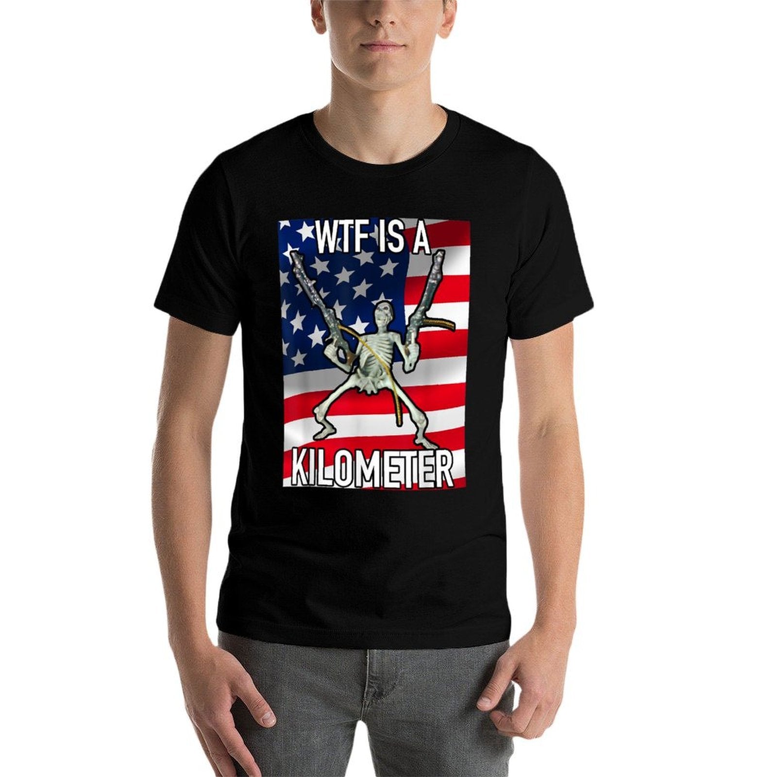 WTF Is A Kilometer July 4th Skeleton Funny Cringey USA Meme  Ribbed Collar T-Shirt