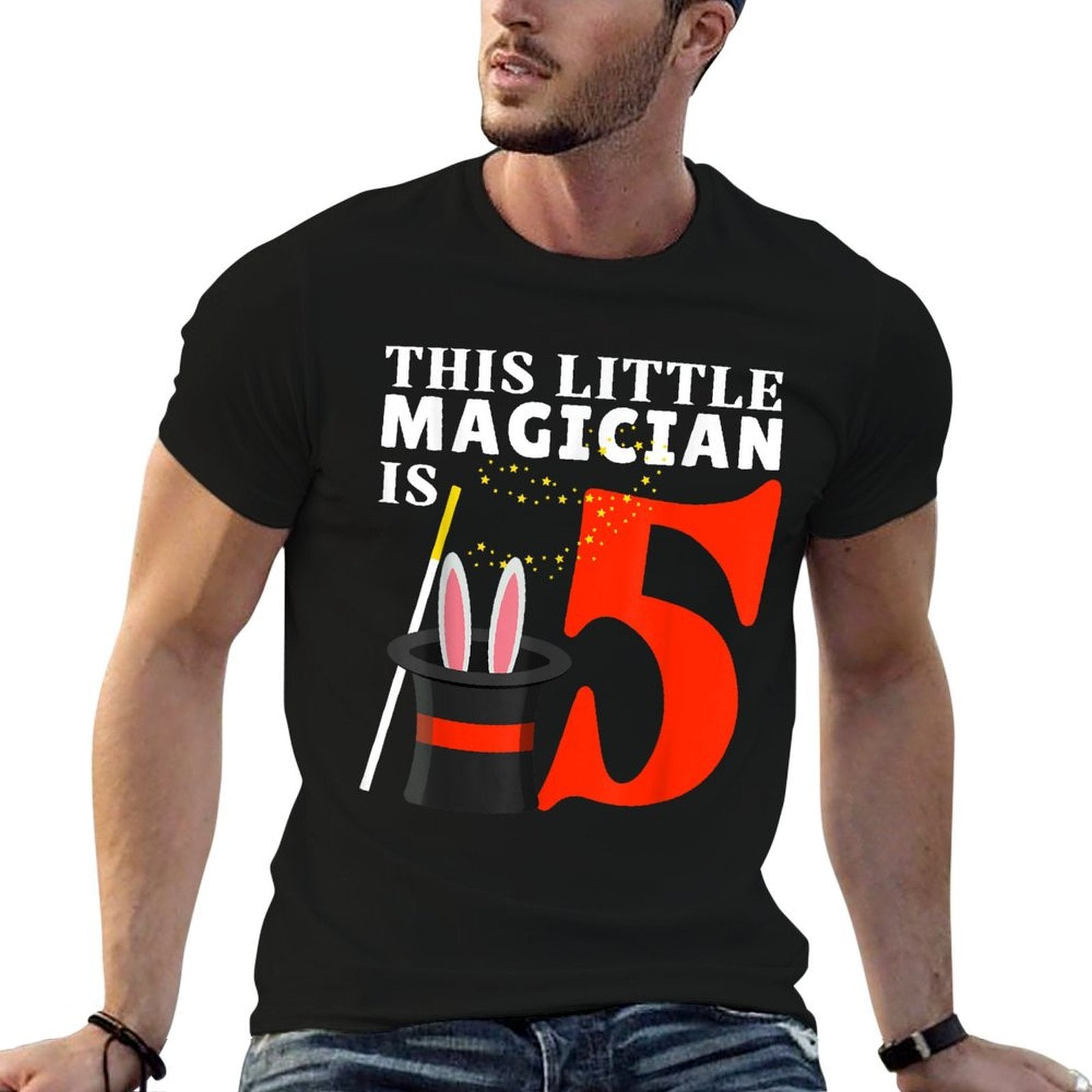 This Little Magician Is 5 Five Year 5th Birthday Party Magic  Ribbed Collar T-Shirt