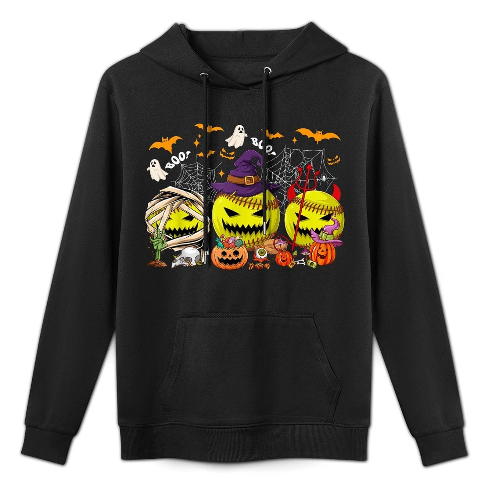 Funny Mummy Witch Devil Softball Balls Happy Halloween Day Medium-Weight Fabric Hoodie