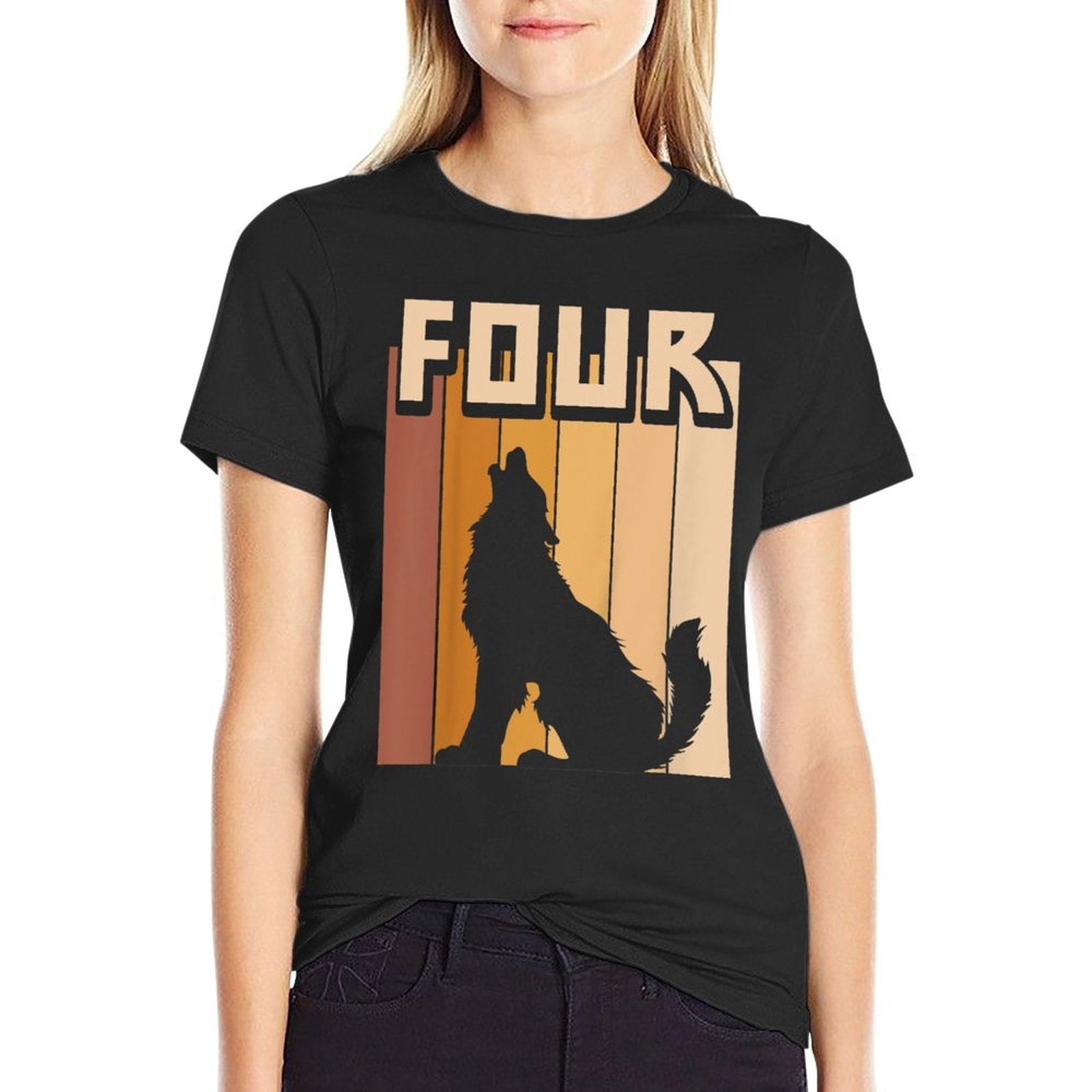 Kids Wolf 4 Birthday Boy Girl Wolf 4 Year Old  Oversized Silhouette T-Shirt