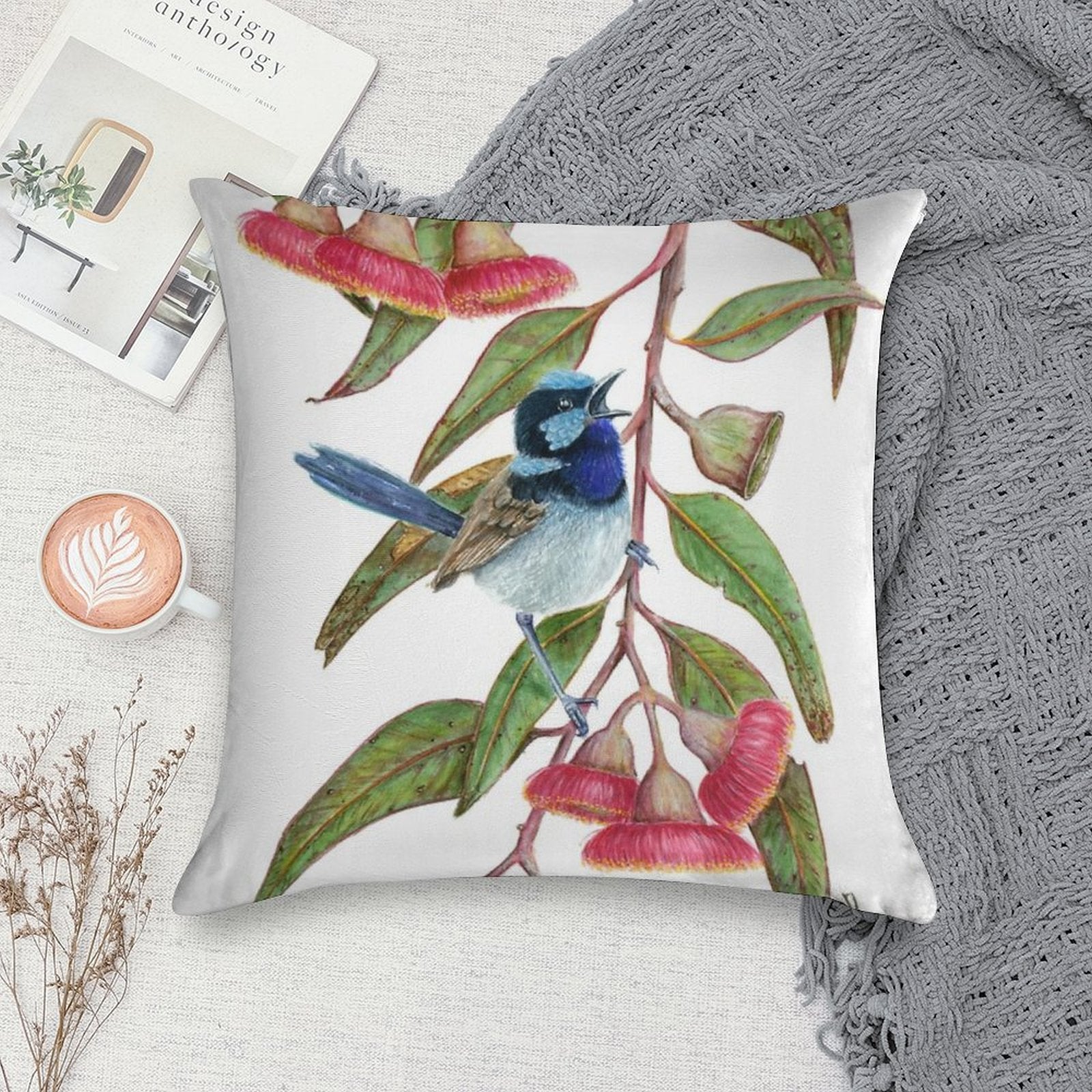 Splendid Fairywren in Silver Princess Soft Short Plush Fabric Throw Pillow