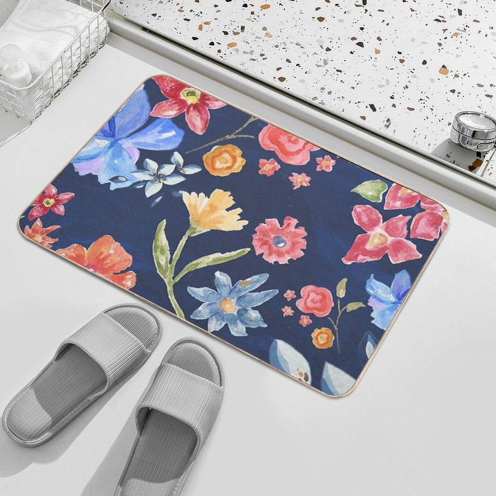 Navy Blue with Colorful Flowers  Whimsical  Fun  Floral Design  Dirt-Trapping Bath Mat