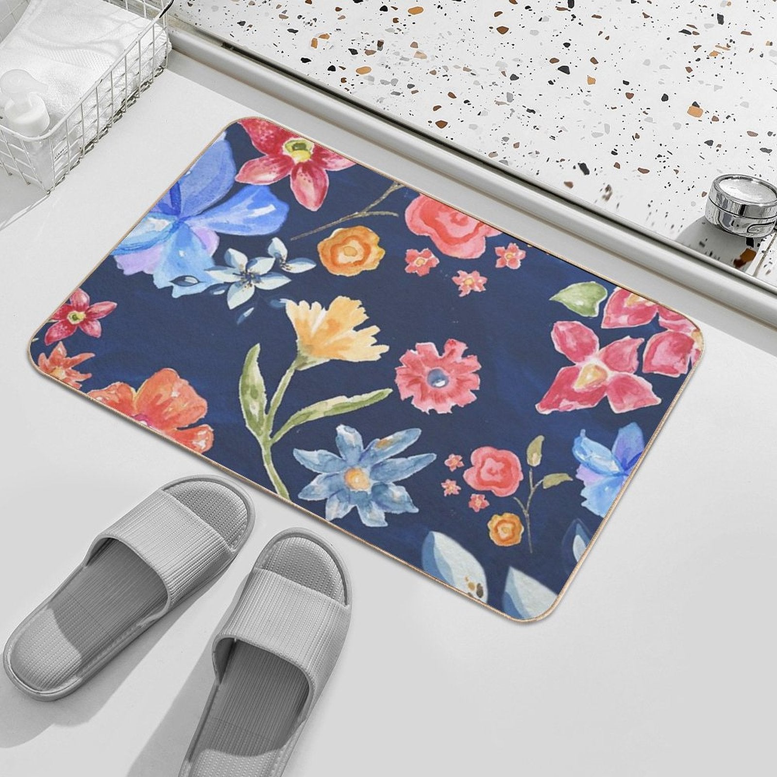 Navy Blue with Colorful Flowers  Whimsical  Fun  Floral Design  Dirt-Trapping Bath Mat