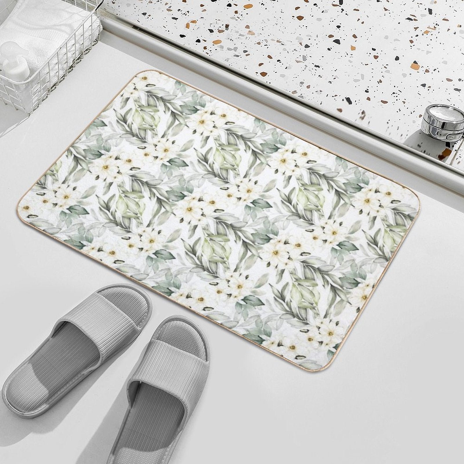 Green Leaves And Flower Blossom Pattern  Fade-Resistant Bath Mat