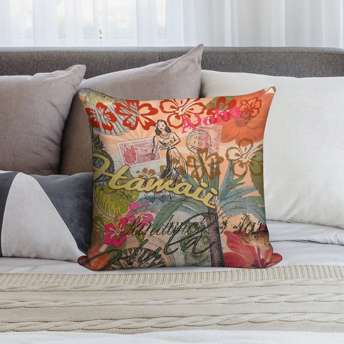 Vintage Hawaii Travel Colorful Hawaiian Tropical Collage Soft Ultra-Soft Texture Throw Pillow