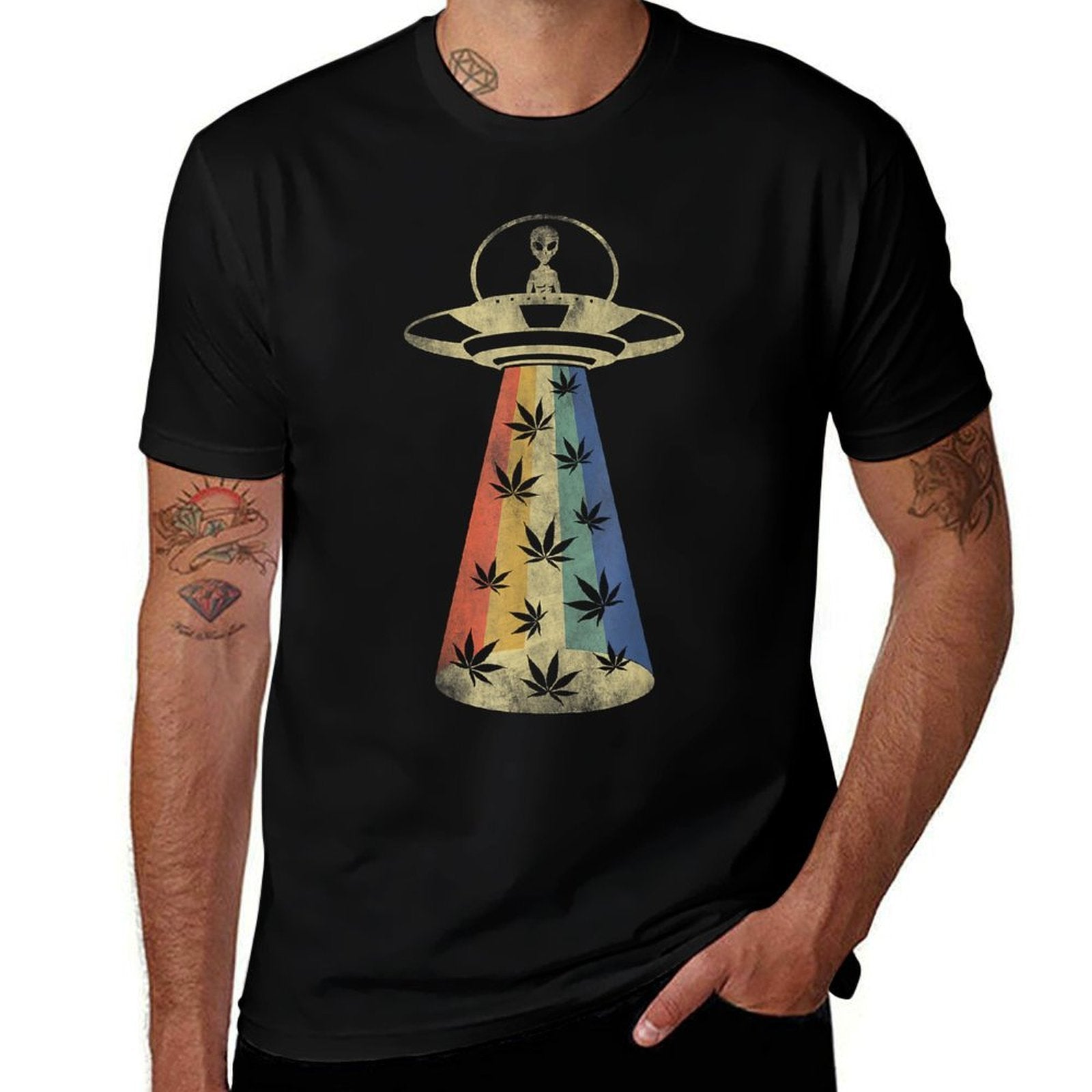Alien UFO Abduction Weed Cannabis Marijuana Leaf Funny  Moisture-wicking T-Shirt