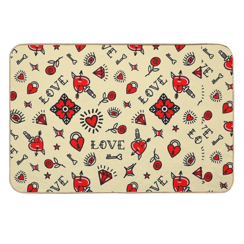 Old School Pattern, Tattoo, American Traditional, Flash, Vintage, Sailor, Ink, Rose,  Easy Maintenance Bath Mat