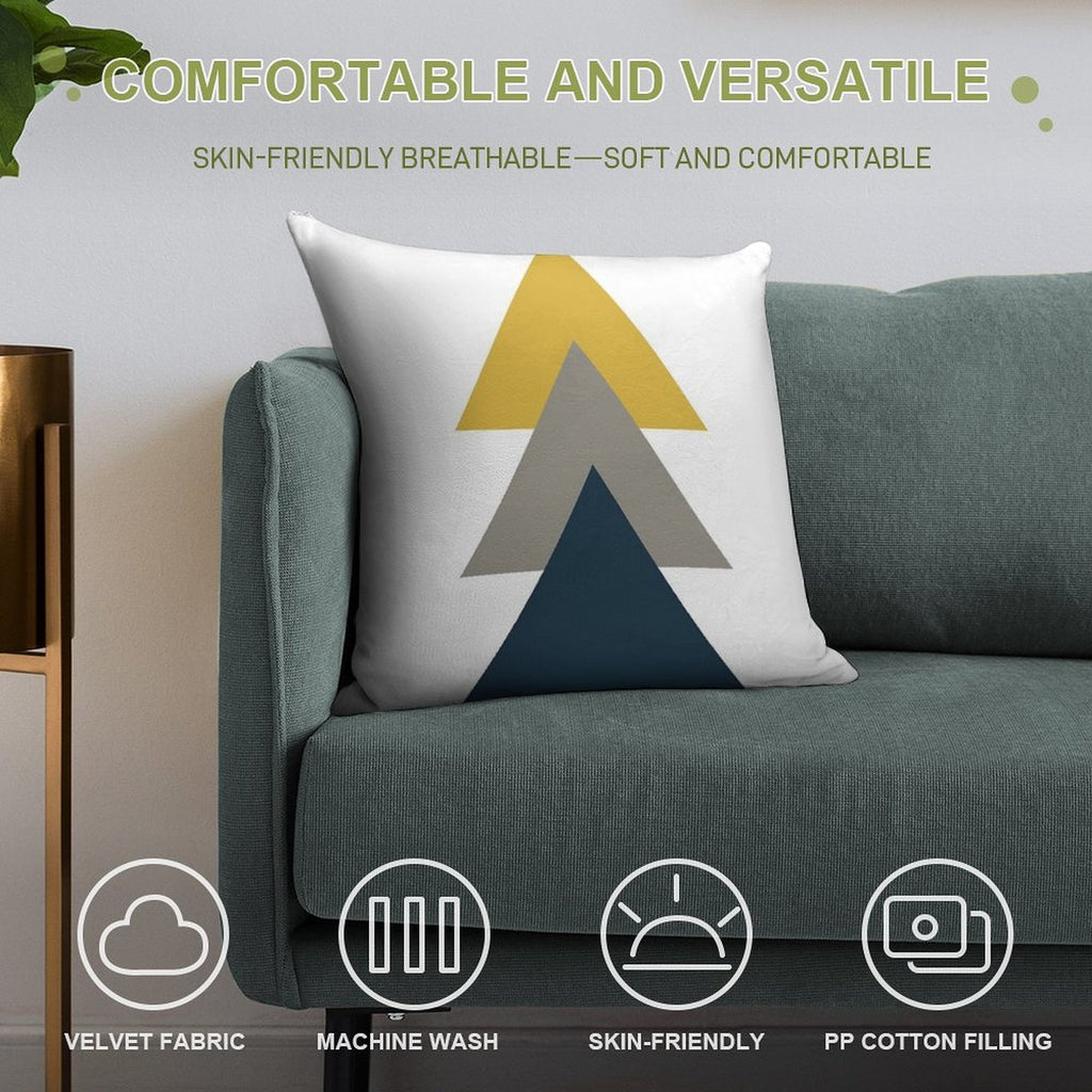 Triangle Trio. Minimalist Geometric in Light Mustard Yellow, White, Grey, And Navy Blue Soft Shrink-Resistant Throw Pillow