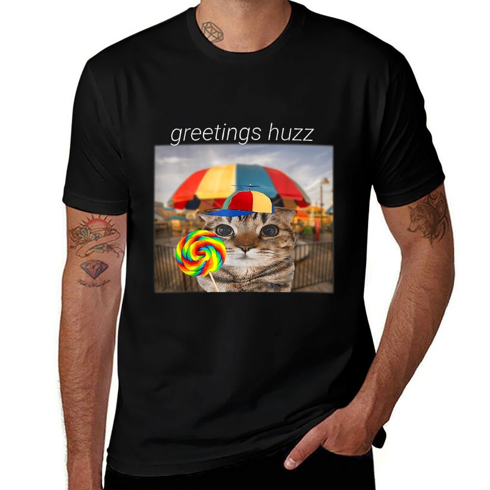 Greetings Huzz Meme Funny Cat Lollipop Men Women  Durable T-Shirt