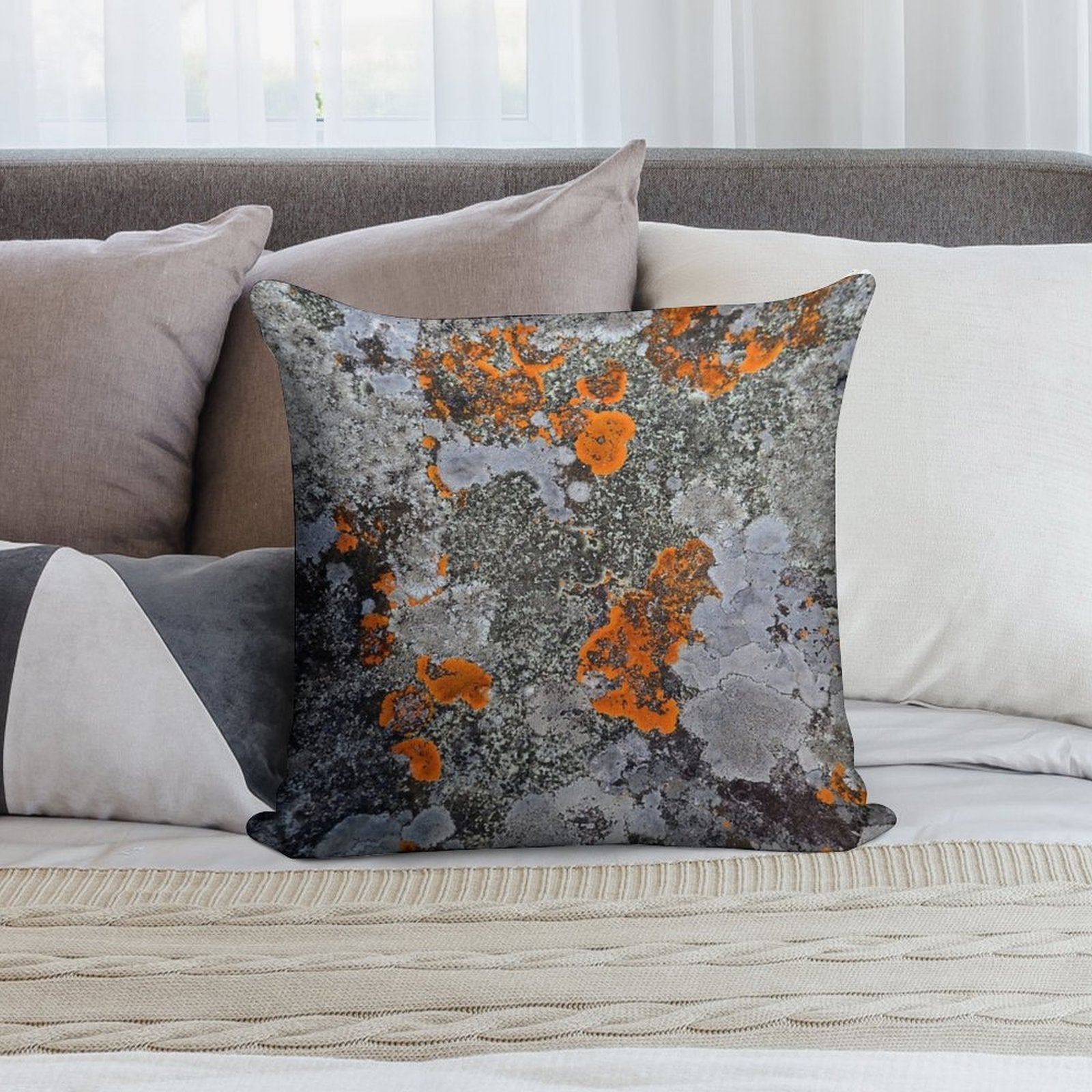 Orange And Grey Lichen Soft Gift Ready Throw Pillow