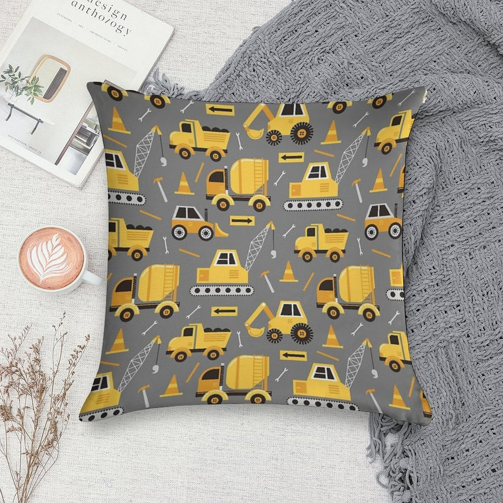 Construction Trucks on Gray Soft Skin-Friendly Throw Pillow