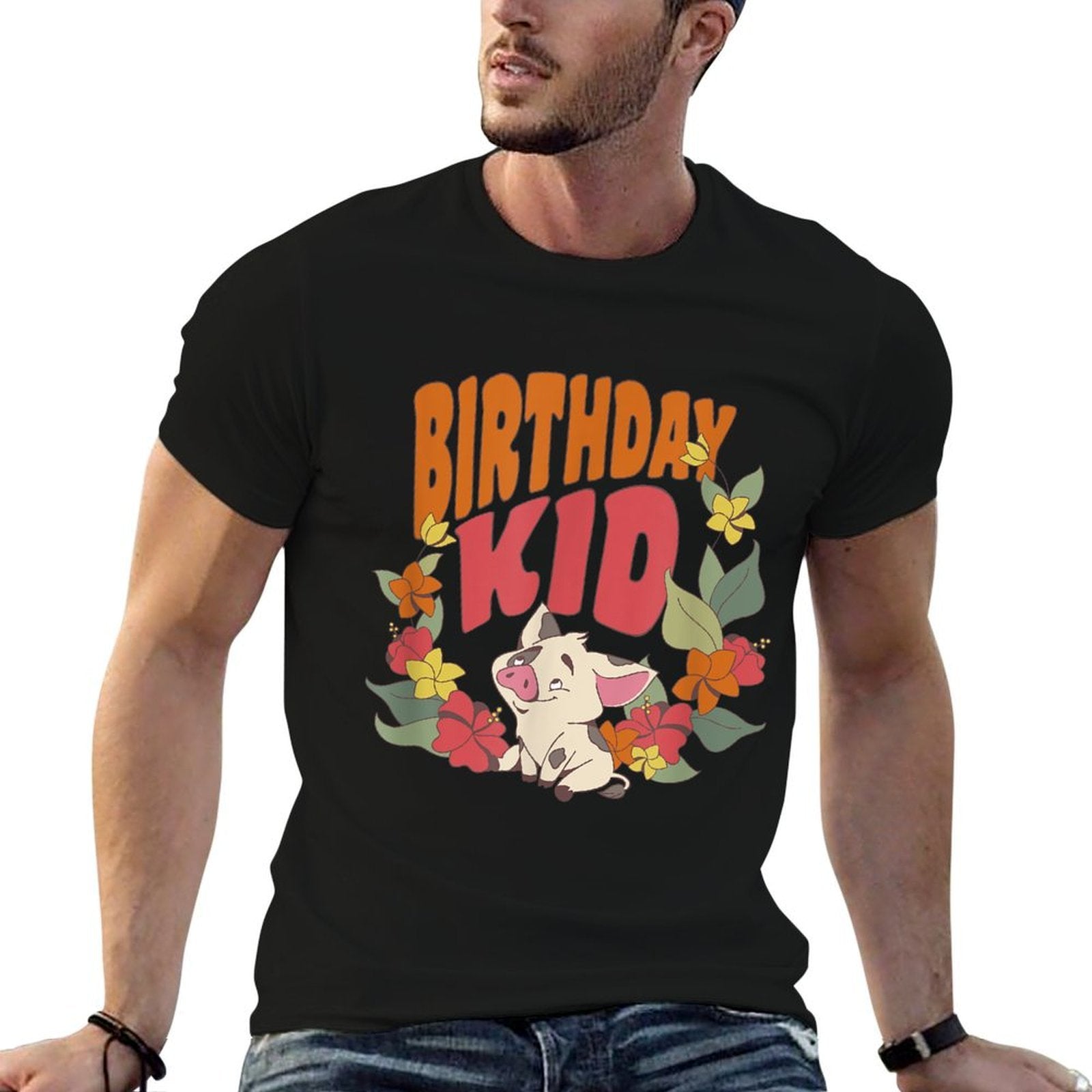 Disney Moana Birthday Kid Pua Floral Portrait  Polyester Blend T-Shirt