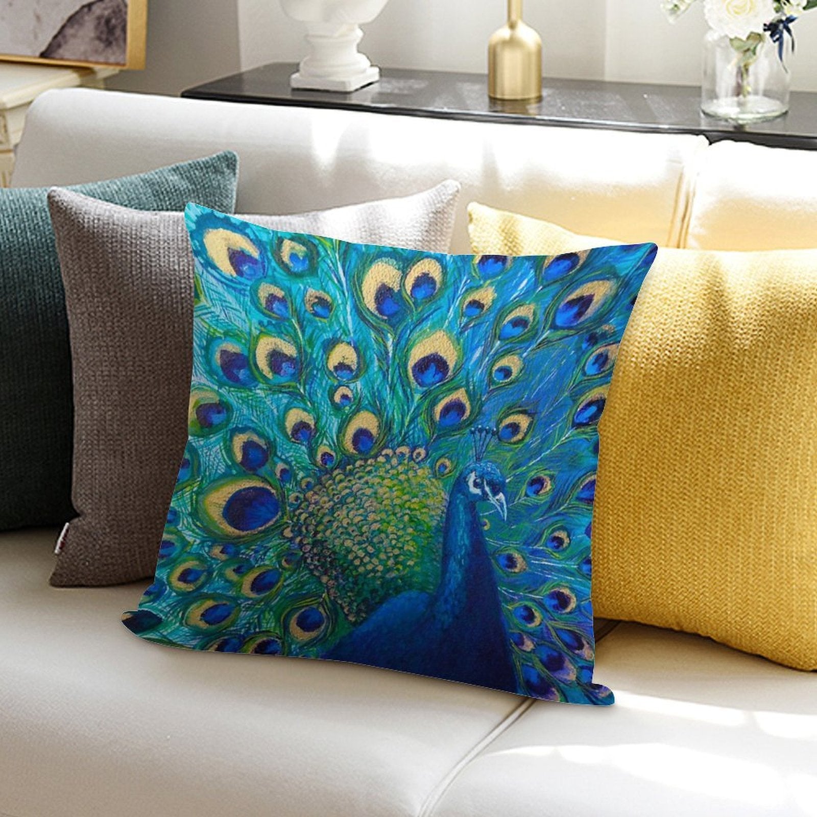 Beautiful Painted Peacock in Its Full Glory Soft Short Plush Fabric Throw Pillow