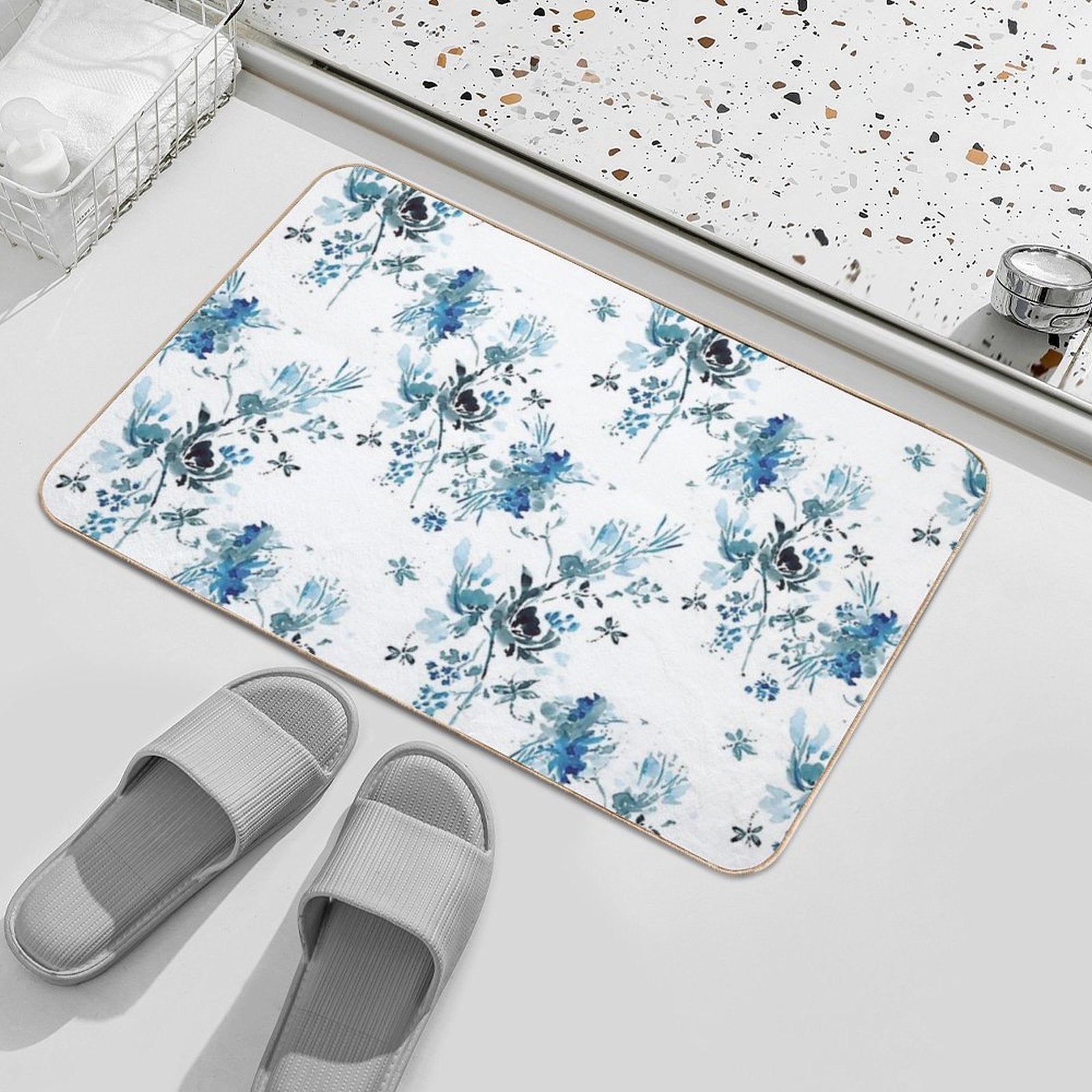 Blue Floral with Dragonflies  Dirt-Trapping Bath Mat