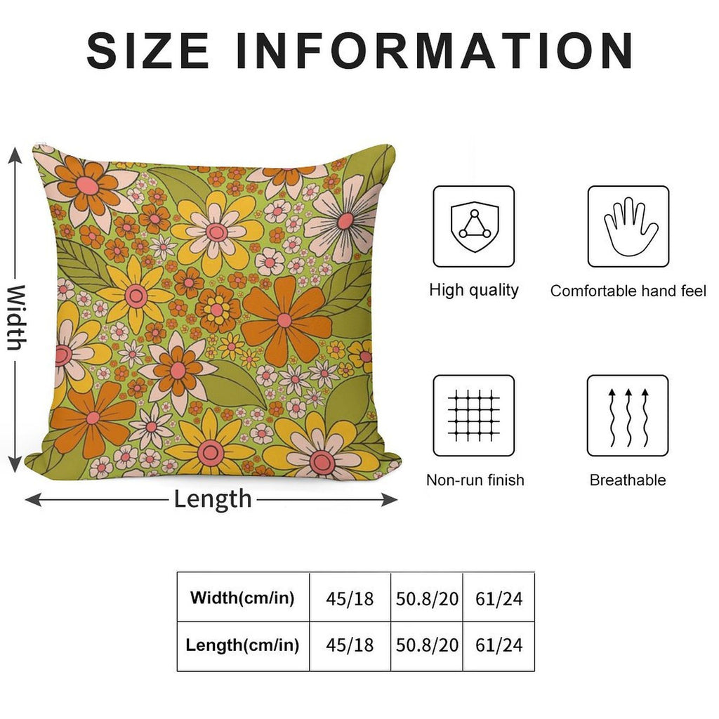 1960s, 1970s Retro Floral in Green, Pink & Orange - Flower Power Soft High-Density Material Throw Pillow