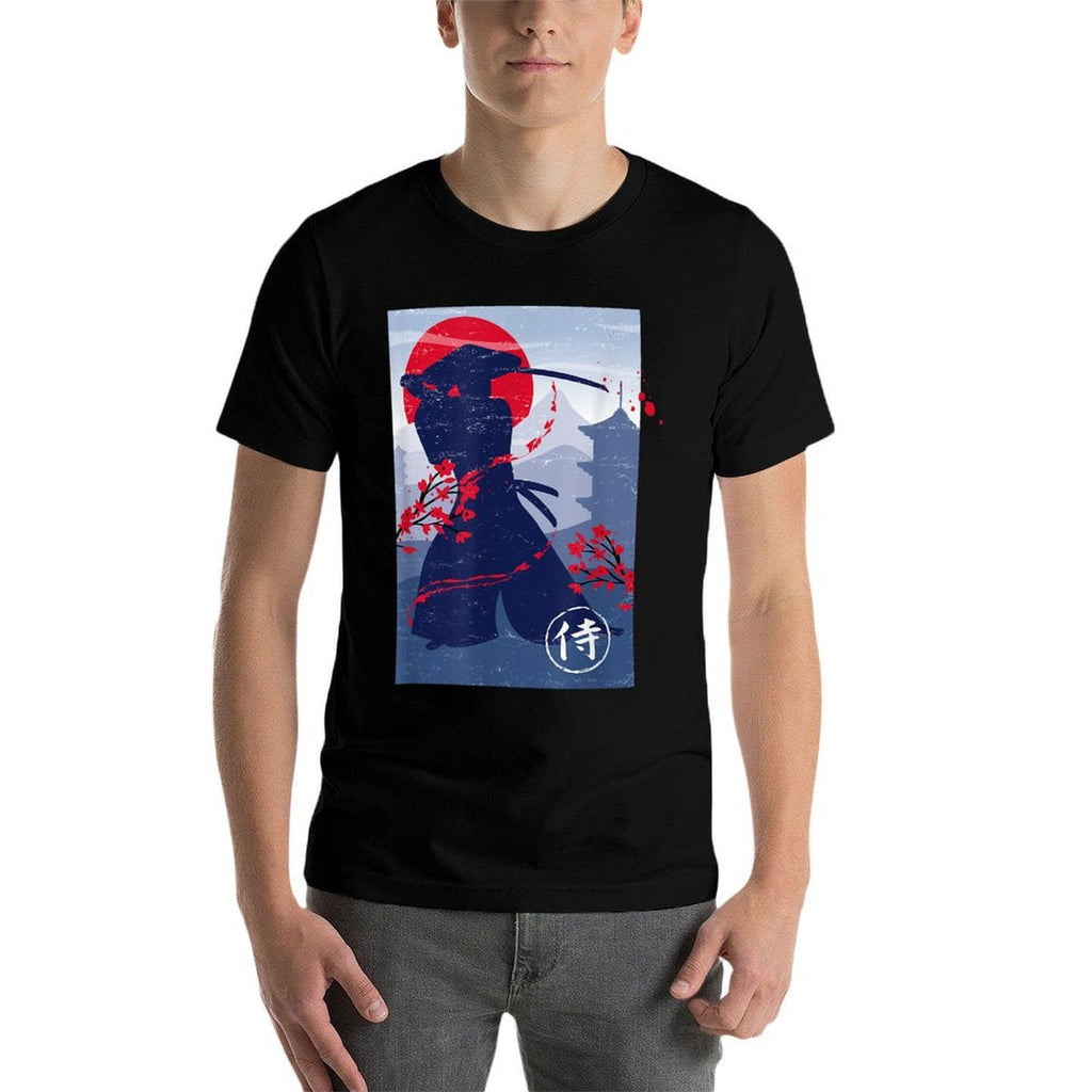 Japanese Samurai Swordsman  Ribbed Collar T-Shirt