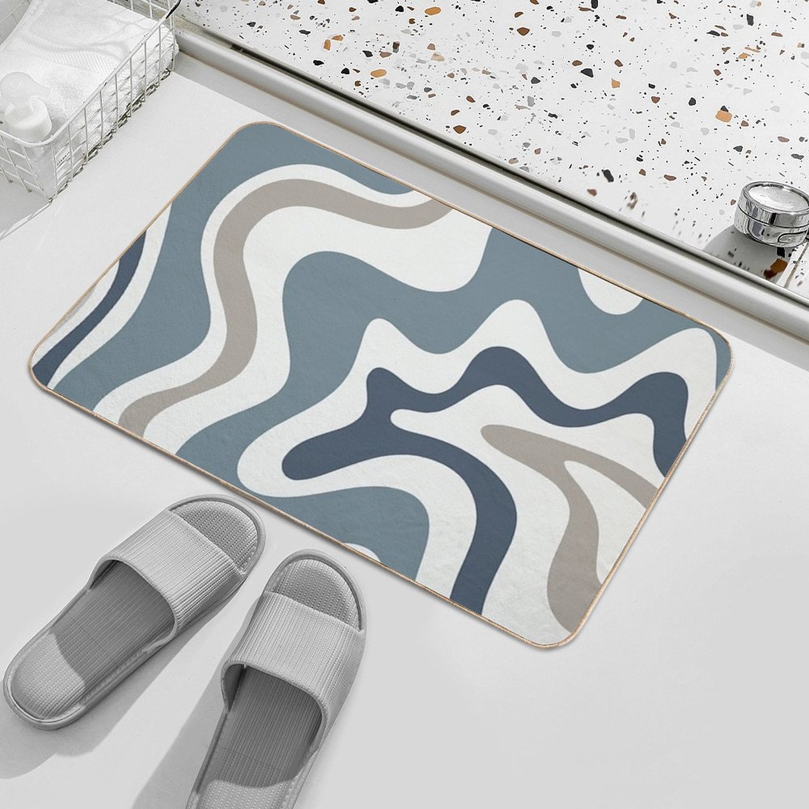 Liquid Swirl Contemporary Abstract in Neutral Blue Grey on Nearly White  Fade-Resistant Bath Mat