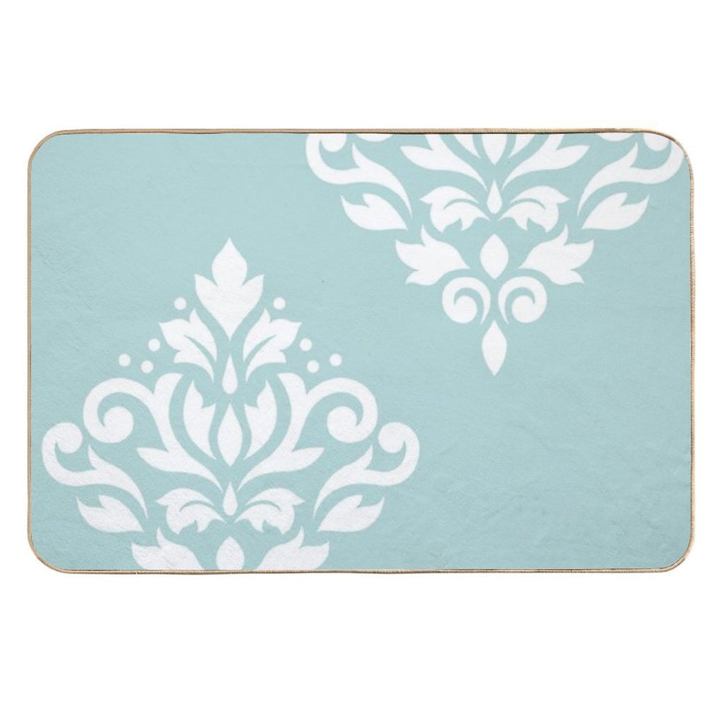 Scroll Damask Art I White on Duck Egg Blue  Absorbent Bath Mat