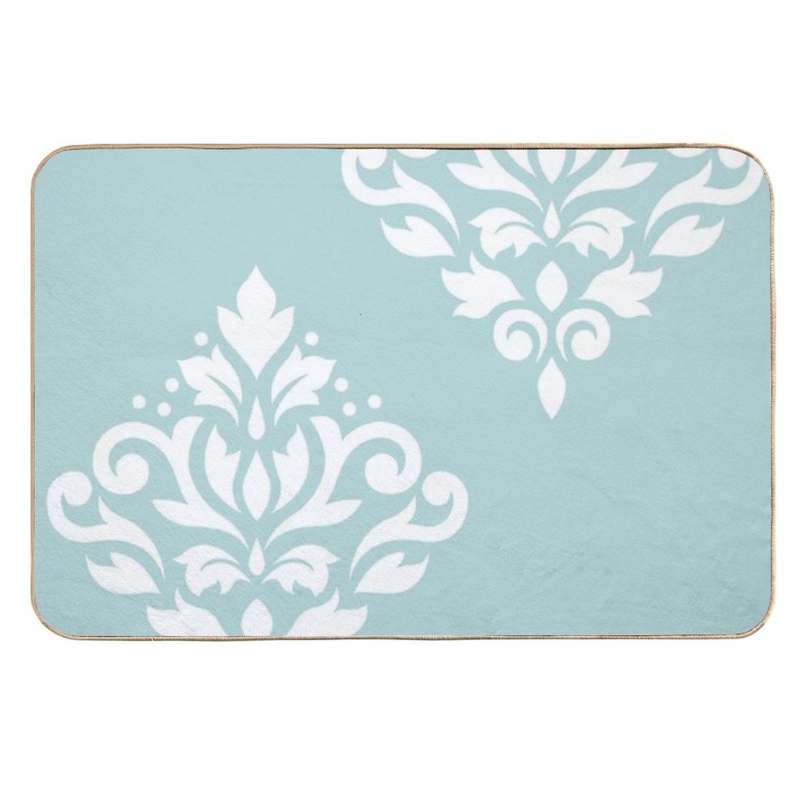 Scroll Damask Art I White on Duck Egg Blue  Absorbent Bath Mat