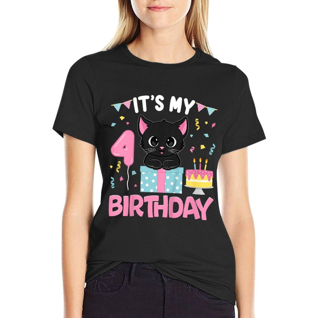 Kids Its My 4th Birthday Girl Cat Birthday 4 Year Old BDay Party  Summer-ready Fabric T-Shirt