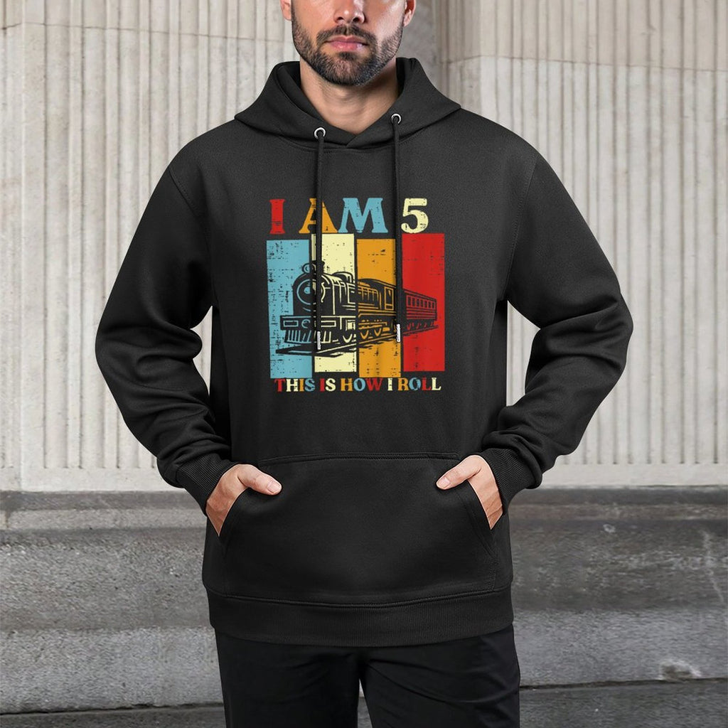 Kids I Am 5 This Is How I Roll Train 5th Bday Five Year Old Boys Kangaroo Pocket Hoodie